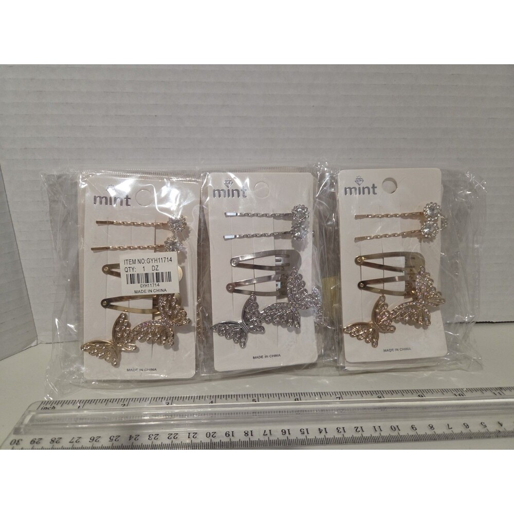 Lot of 12 Butterfly Hair Clip & Pin Set Gold Silver Stones 3 Pack